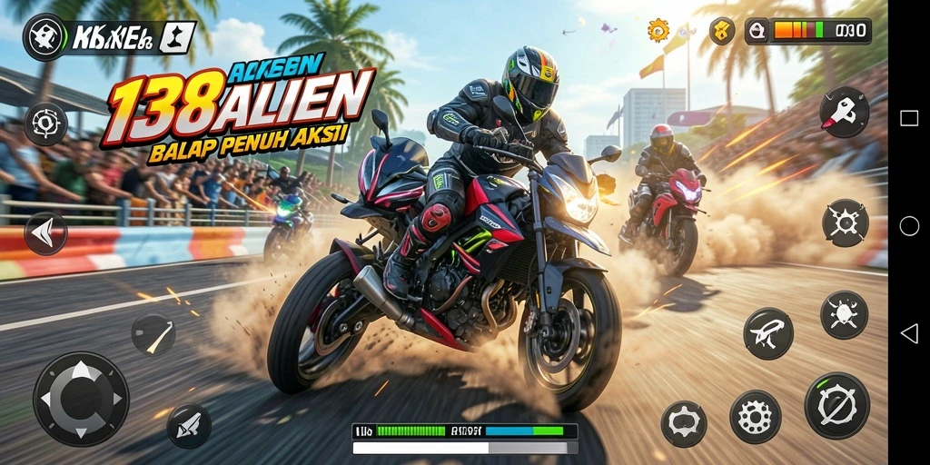 Screenshot gameplay 138ALIEN menampilkan balapan motor yang mendebarkan dan grafis yang menakjubkan.