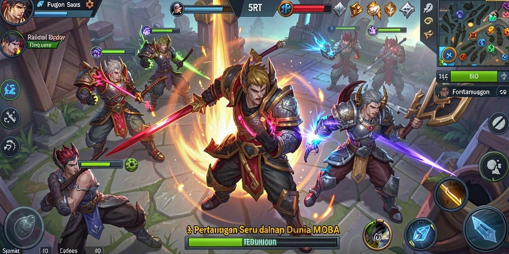 Screenshot utama 5RT menampilkan aksi pertempuran seru di arena MOBA.