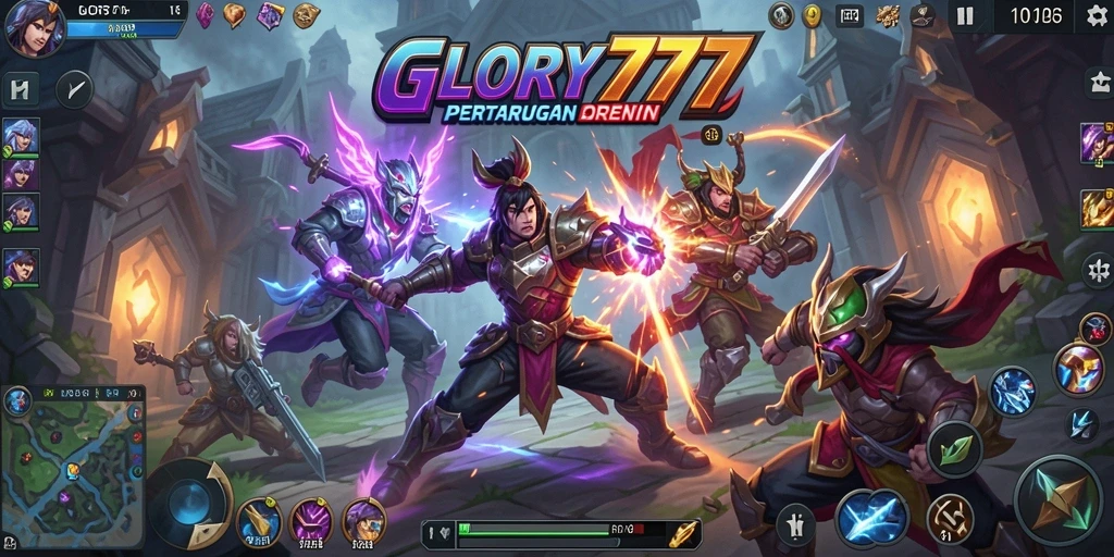 Tangkapan layar gameplay seru GLORY777 dalam pertempuran MOBA.