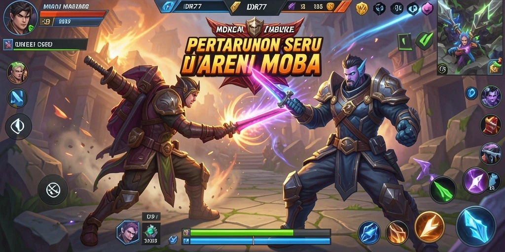 Tampilan gameplay menegangkan dalam IDR77 saat berperang di arena.