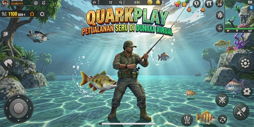 Tampilan gameplay QUARKPLAY dengan momen memancing yang menegangkan.