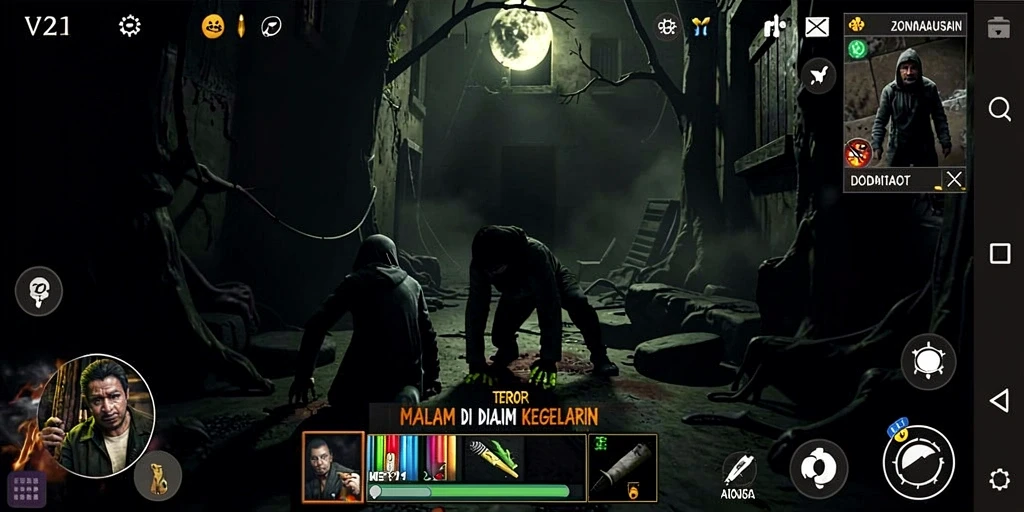 Screenshot permainan V21 menampilkan aksi seram di tengah kegelapan.